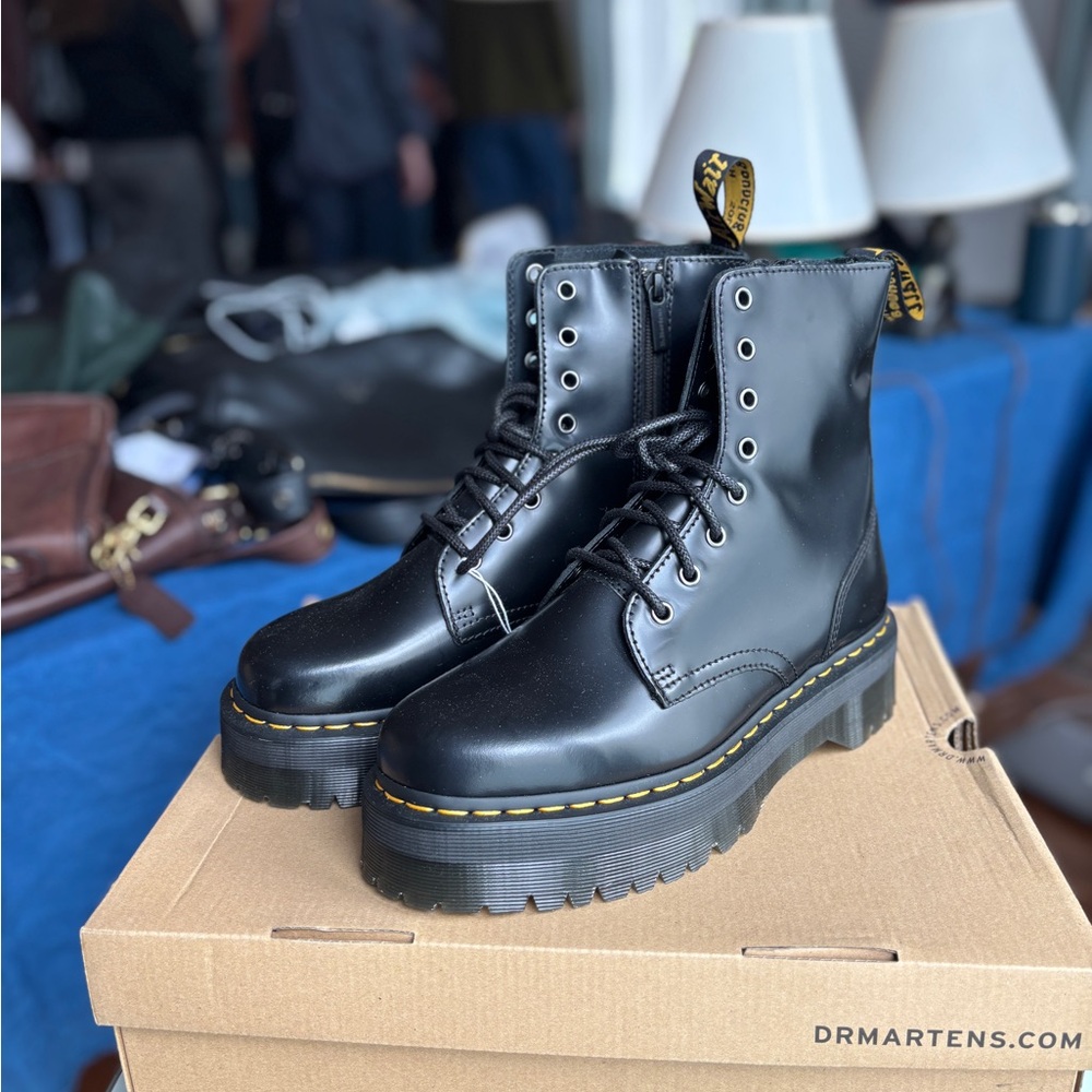 Dr. Martens Shiny Black Boots with Yellow Stitching